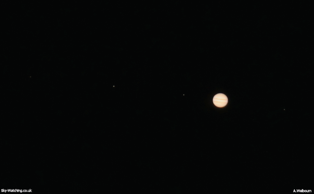 Single shot image of Jupiter with three moons to the left (Callisto, Ganymede and Io) and one (Europa) to the right from 1st October (click to enlarge) - Credit: Sky-Watching/A.Welbourn