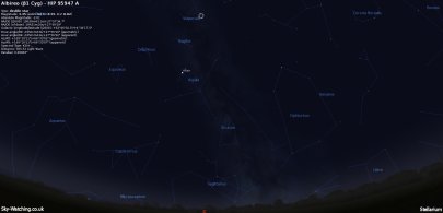 Shown high up due South at 00:00 UTC/01:00 BST on 9th July, Albireo is beautiful (click to enlarge) - Credit: Sky-Watching/Stellarium