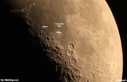 Located to the upper left of the large Theophilus crater, the site of Tranquility Base is close to the crate Moltke (click to enlarge) - Credit: Sky-Watching/A.Welbourn