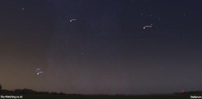Look low to the eastern horizon to see a meeting of Mars and Jupiter in the sky this morning on 22nd July (click to enlarge) – Credit: Sky- Watching/A.Welbourn