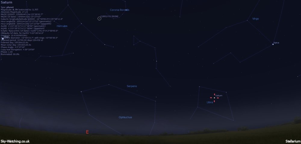 Saturn's position shown at 06:00 on 20th December. You can also see how much ISON has moved over the course of the month (click to enlarge) - Credit: Sky-Watching/Stellarium