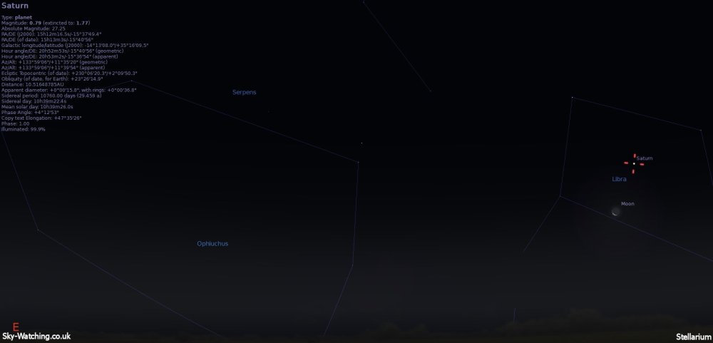 Saturn visits the waning crescent Moon on 29th December, shown above at 05:30 UTC (click to enlarge) - Credit: Sky-Watching/Stellarium