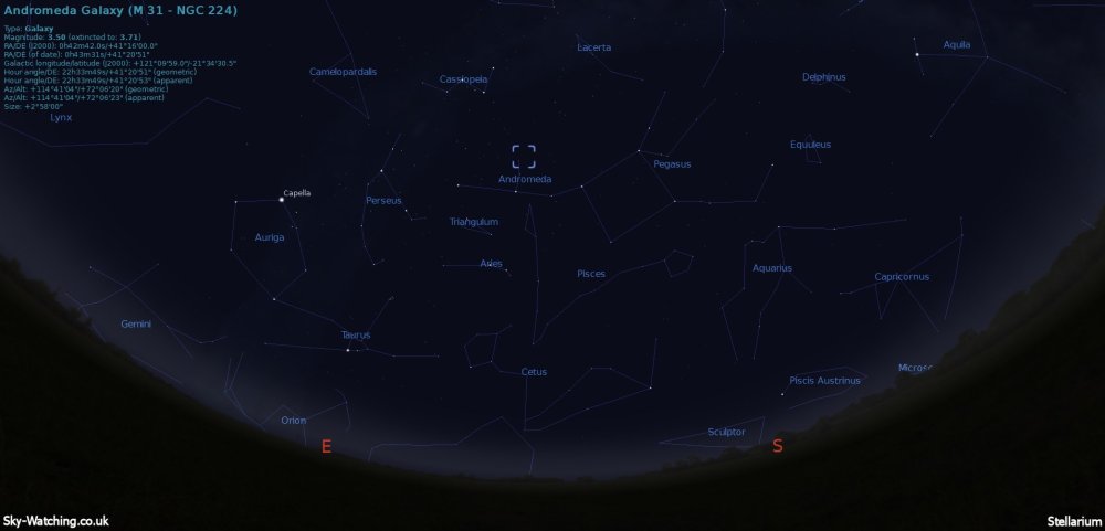 Shown at 21:00 UTC / 22:00 BST, look towards the south east and look up just past Pegasus to locate the Andromeda galaxy (click to enlarge) - Credit: Sky-Watching/Stellarium