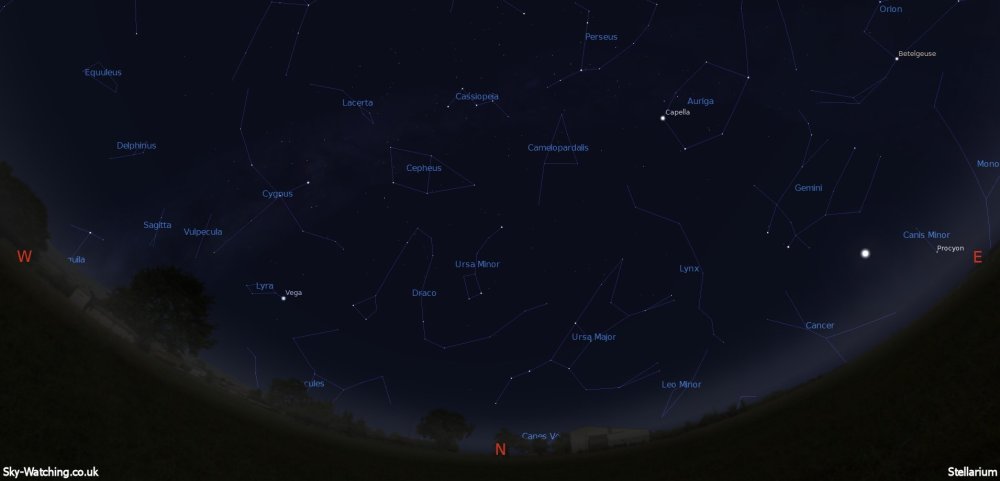 Displaying the night sky midway through the month, this image can help you identify the constellations you’ll see in the northern sky in October (click to enlarge) – Credit: Sky-Watching/Stellarium